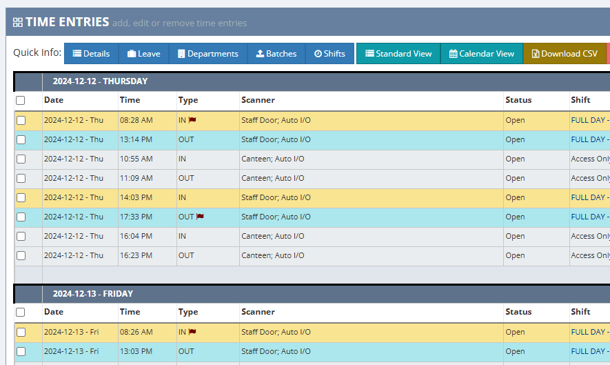 Screenshot of time and atteandance system